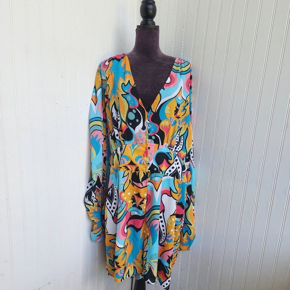 Ashley Stewart Colorful Geo Swirl V-Neck Split Romper Long Sleeve Plus V-Neck 24 - Picture 1 of 14